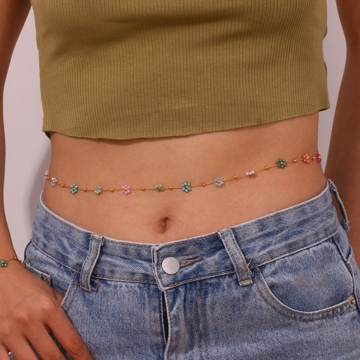 E.B.belle Colorful Beads Flower Charm Y2K Jewelry Set Girls Ladies Summer Beach Accessories Belly Waist Chain Necklace Bracelets