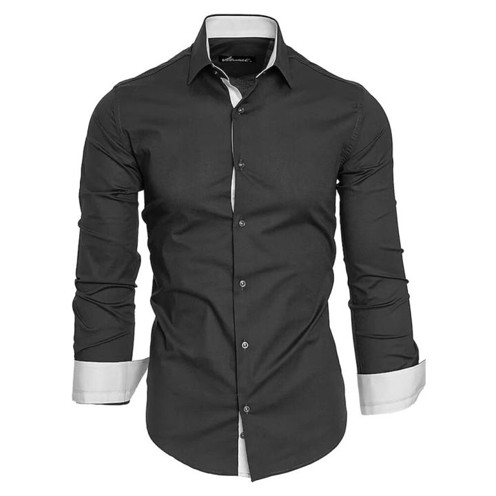 Casual Men's Long Sleeve Shirts Contrast Color Single Breasted Lapel Collar Shirt And Blouse Tops Slim Shirt For Men