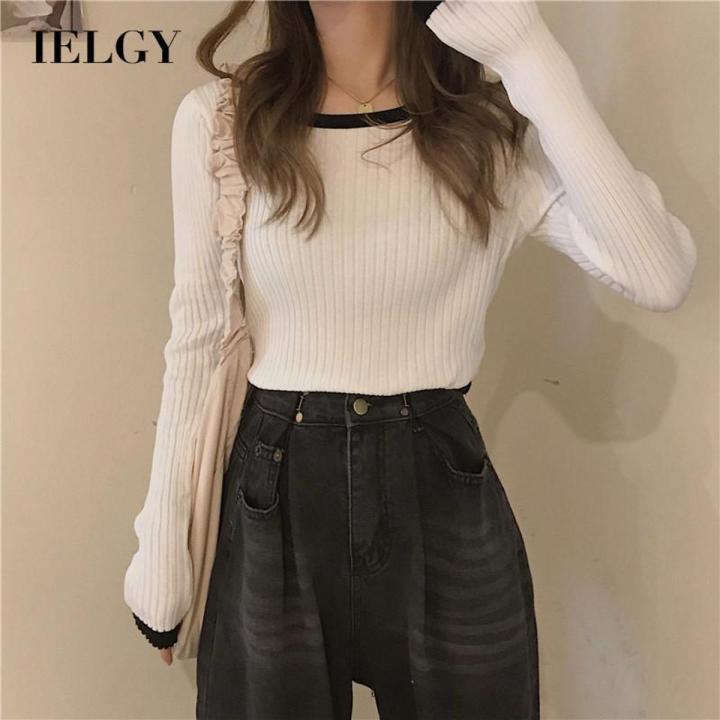 IELGY Black Knitted Women's clothes Casual All-match Base Long-sleeved Sweater Top Jacket
