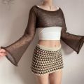 Vintage 90s Knitted Crop Tops Women Fashion Flared Long Sleeve Round Neck Pullovers Sweater Harajuku E-girl Aesthetic Streetwear. 