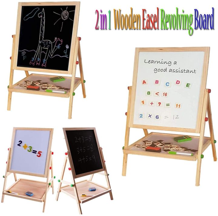 Kids%202%20in%201%20Wooden%20Easel%20Black%20Board%20&%20Magnetic%20White%20Board%20Double%20Sided%20REVOLVING%20Easel%20Board%20-%20Image%202