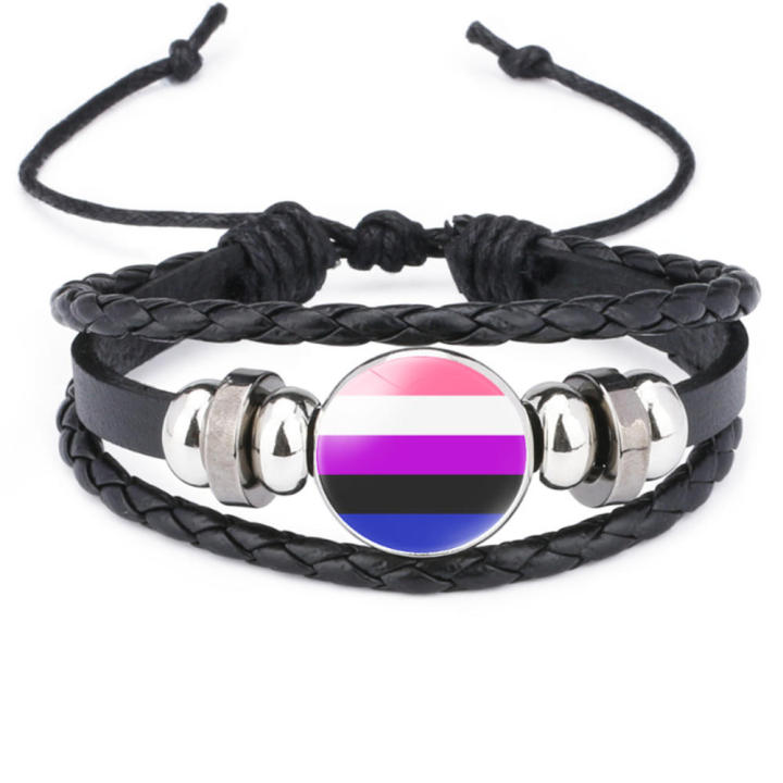 Handmade Pride Bracelet Unique Design Glass Beads Leather Braided Rainbow Bangle Adjustable Rainbow Flag Bracelet for Pride Event Support Queer Fashion Coming Out Gift Allies Accessory