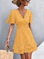 V Neck Mini Dress For Women Fashion Floral Slim Short Dresses Female Lotus Leaf Sleeve Elegant Dress Summer Vestido Mujer. 