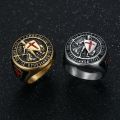 European and American New Hiphop Men's Titanium Steel Gold Plated Ring Vintage Templar Red Cross Shield Ring. 