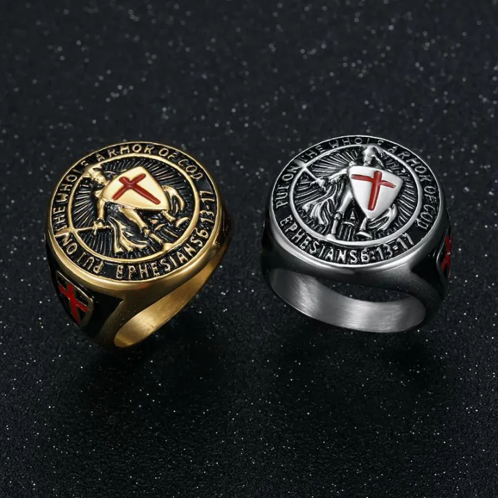 European%20and%20American%20New%20Hiphop%20Men's%20Titanium%20Steel%20Gold%20Plated%20Ring%20Vintage%20Templar%20Red%20Cross%20Shield%20Ring%20-%20Image%202