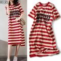 Striped Print Short Sleeve Midi Dress Summer Aesthetic Clothes Korean Fashion Casual Harajuku Dresses for Women 2023 Vestidos. 