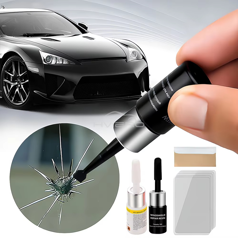 Car Windshield Crack Repair Kit, DIY Auto Glass Chip Scratch Crack Restore Tool, Upgrade Windshield Repair Fluid, Glass Curing Glue, Easy Quick Fix for Small Chips, Bullseye, Half-Moon, Portable Car Window Repair Tool with Blade & Curing Strips