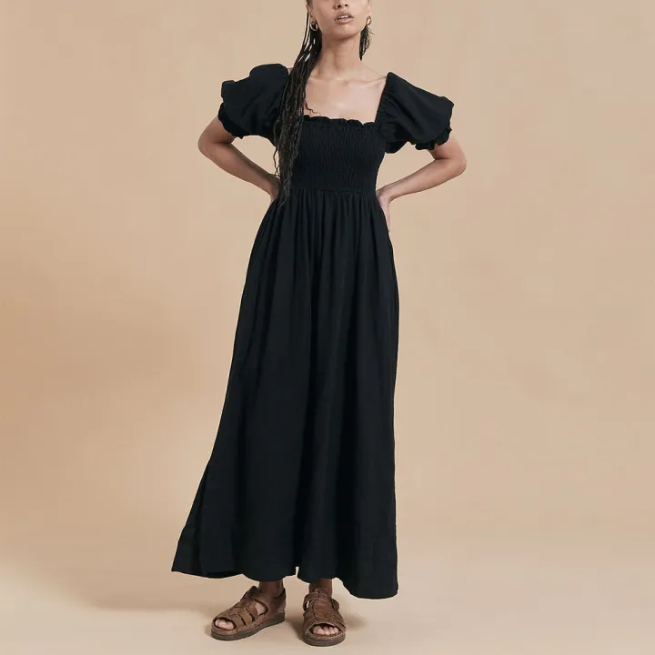 Maxi%20Dresses%20For%20Women%202022%20Elegant%20Square%20Neck%20Smocked%20Summer%20White%20Dress%20Short%20Puff%20Sleeve%20Vacation%20Beach%20Long%20Casual%20Dress%20-%20Image%207