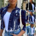 Autumn Women Coat Jackets Long Sleeve Pocket Ripped Denim Jacket Streetwear Short Coat Blue Black Jean Jacket.