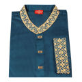 Men's Premium Quality Dark Cerulean Embroidery Semi Long Panjabi with Snap Button By Panjab Corner. 