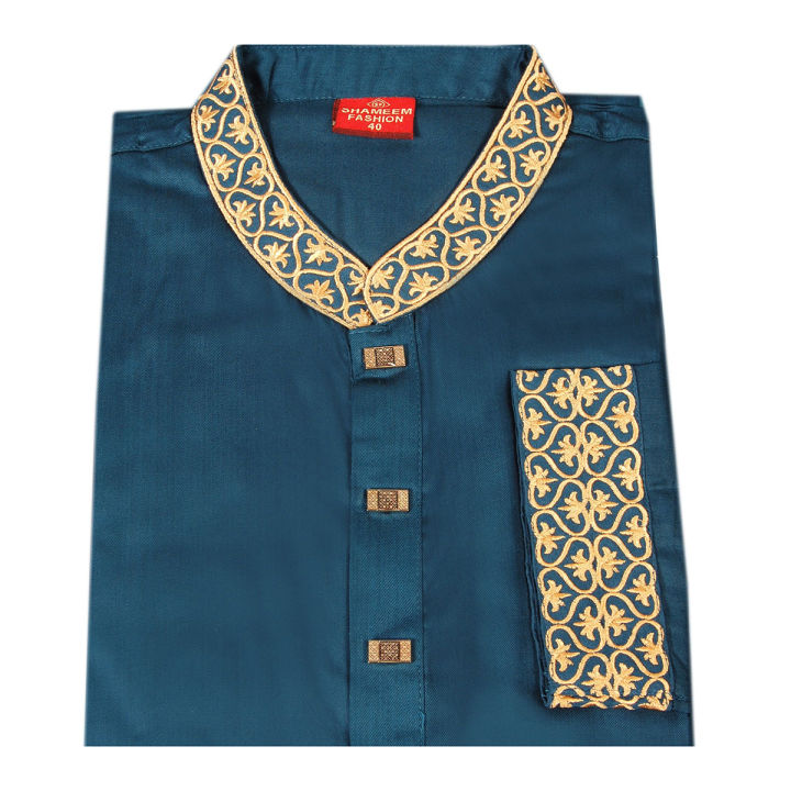 Men's Premium Quality Dark Cerulean Embroidery Semi Long Panjabi with Snap Button By Panjab Corner