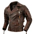 Motorcycle Cowhide Genuine Leather Jacket Men Slim Stone Milled Retro Jacket Calfskin Leather Coat Men Moto Biker Riding Clothes. 