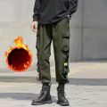 Multi pocket cargo pants, men's casual technology clothing drawstring cargo pants, autumn and winter plush pants. 