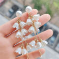 Blue Bell Flower Pearl Earrings Suitable for Women Korean Temperament Long Tassel Earrings Sweet New Design. 