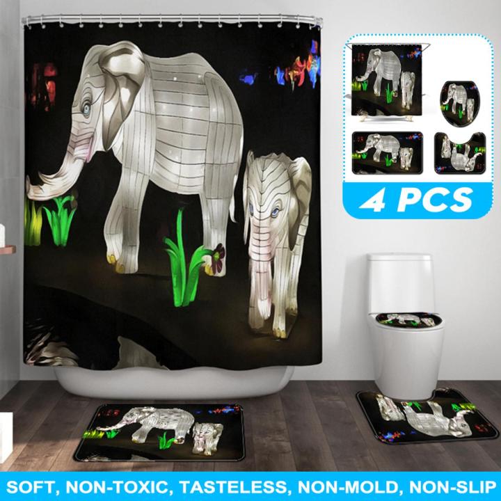 Make you feel comfortable45x75cm Black elephant Shower Curtain Waterproof Bathroom Bath Mat Set Rug Toilet Lid