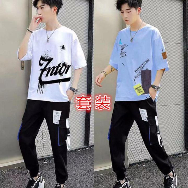 Boys Suit Summer Trendy Loose Korean Style Short SleeveTT-shirt Men's Trousers Sports Suit Handsome Shorts Set