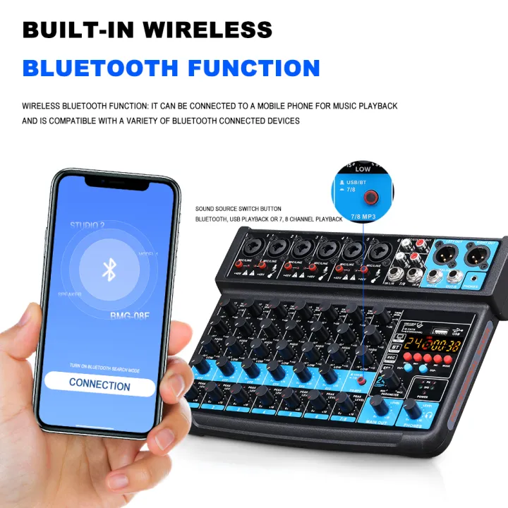 BOMGE%208%20channel%20mini%20audio%20mixer%20%20Line%20Mixer%20%EF%BC%8CDC%205V%EF%BC%8Cwith%20MP3%20Player,Bluetooth,%20U%20disk%2048V%20,24DSP%20%20effects,%20USB%20recording%20%20Ideal%20for%20Small%20Clubs%20or%20Bars,%20Studio%20Recording%20-%20Image%204