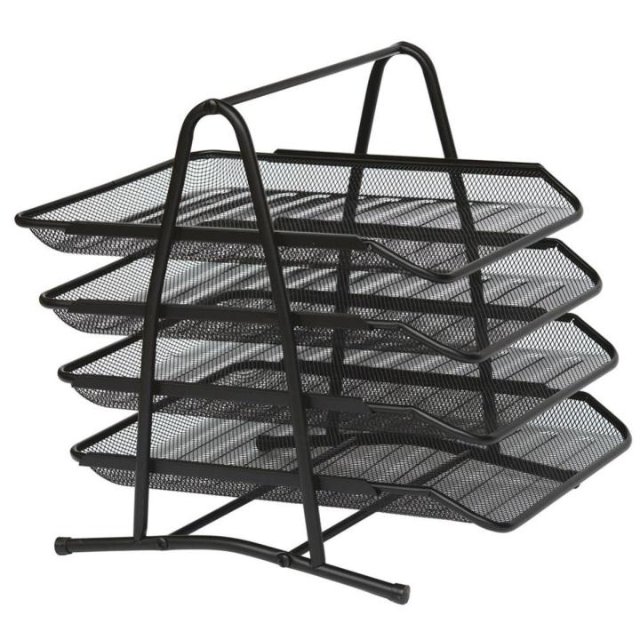 4-Tier File Rack Metal Mesh Letter Tray Triangular Rack Desk Document Organizer File Tray for Office/School/Home