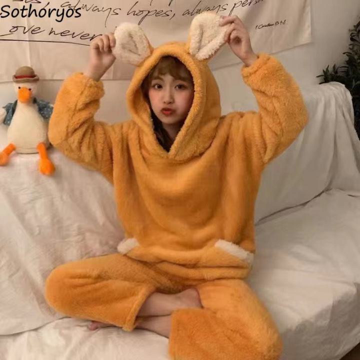 Winter%20Pajama%20Sets%20Women%20Solid%20Flannel%20Soft%20Sweet%20Students%20Lovely%20Hooded%20Two-pieces%20Thicken%20Plush%20Cute%20Couple%20Sleepwear%20Fashion%20-%20Image%203