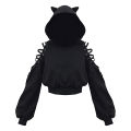 Women Long Sleeve Hoodies Kawaii Cat Ears Hoodie Gothic Punk Harajuku Cold Shouler Bandage Gothic Black Sweatshirts 2021.