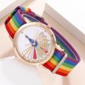 Ladies Watch Rainbow Canvas Strap Quartz Kids Wristwatch With Sports Bracelet Set. 