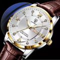 【with Box】POEDAGAR Men's Fashion Ultra Thin Watches Top Quality Luxury Waterproof Luminous Date Week Leather Strap Watch For Male Business Casual Wristwatches 836P. 