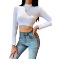 Women Sexy Backless Crop Tops, High Neck Long Sleeve Solid Color Tie Up Back Slim Shirts. 