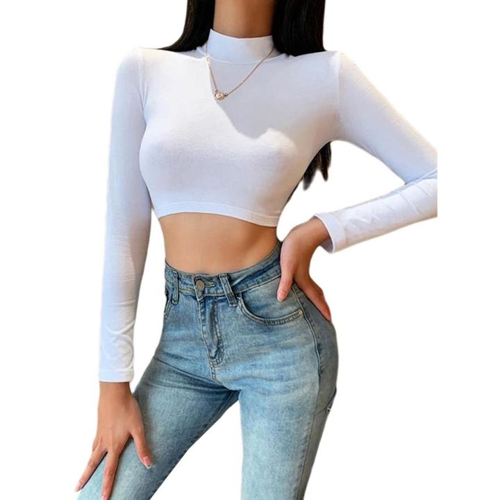 Women Sexy Backless Crop Tops, High Neck Long Sleeve Solid Color Tie Up Back Slim Shirts