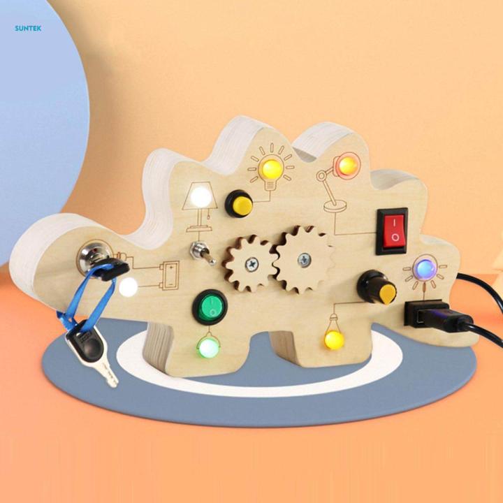 Toddlers Busy Board Switch Board Activities, Wood Rotating Gear Toy, Dinosaur Shape, Early Educational Basic Life Skills for Plane Travel Toy