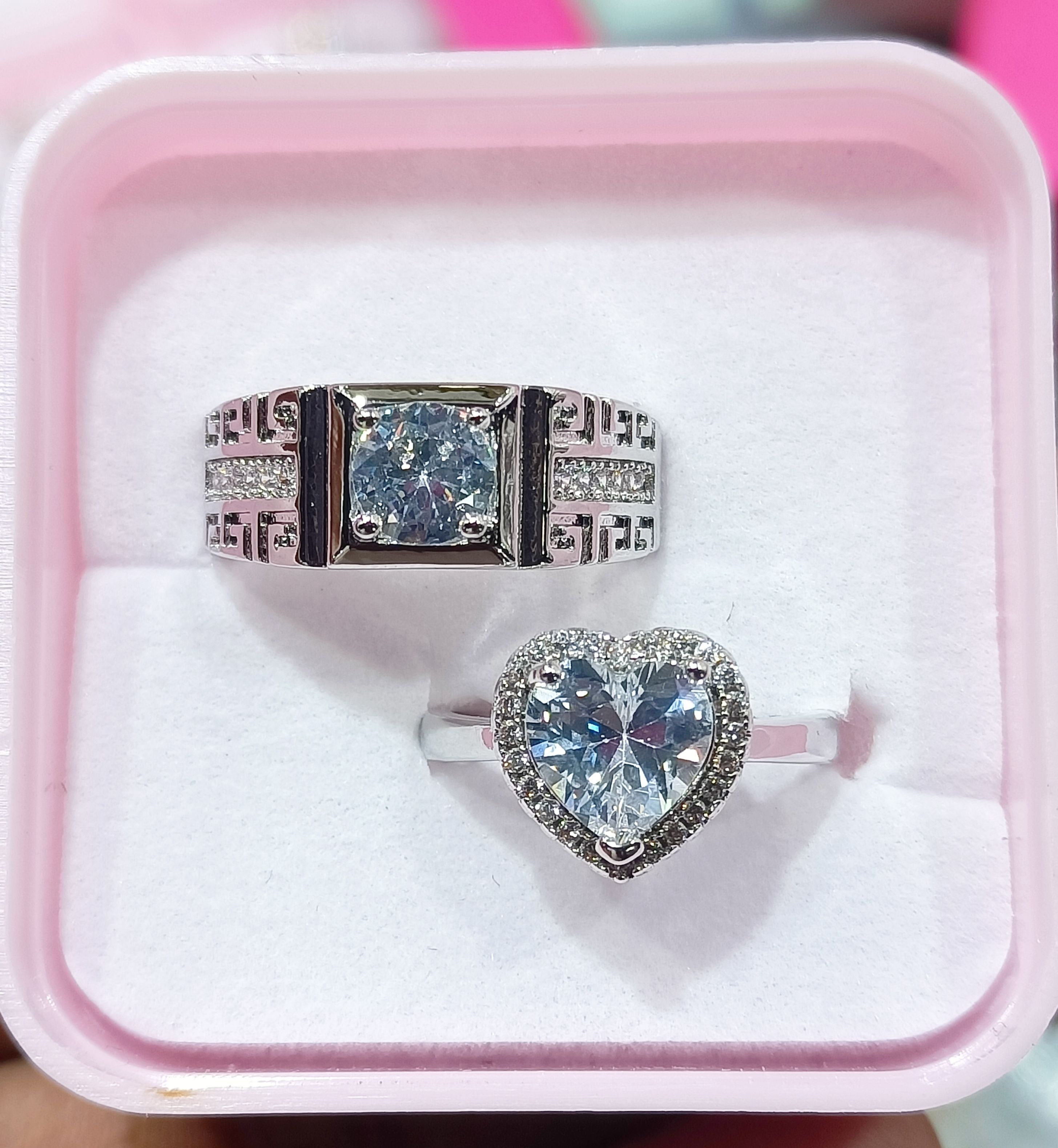 Adjustable Box Free Valentine's Day Special Gift Sterling Silver Plated Cubic Zirconia Couple Rings