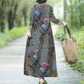 ZANZEA Womens Vintage Cotton Long Sleeve Floral Printed Casual Loose Kaftan Baggy Dress. 