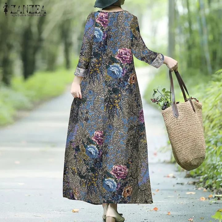 ZANZEA%20Womens%20Vintage%20Cotton%20Long%20Sleeve%20Floral%20Printed%20Casual%20Loose%20Kaftan%20Baggy%20Dress%20-%20Image%203