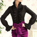 Fashion Autumn Tops Victorian Womens Tops Ruffles Long Sleeve Frill Solid Color OL Office Shirt Frilly Cuffs High Neck Blouse.
