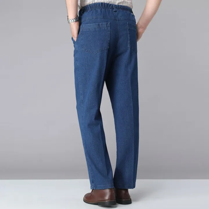 Men%20Solid%20Color%20Elastic%20Waistband%20Drawstring%20Straight%20Denim%20Pants%20Long%20Trousers%20-%20Image%204