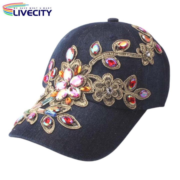 Women Baseball Hat Comfortable Women Rhinestone Flower Denim Hat