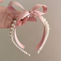 Temperament Pearl Hair Band Satin Bow Ribbon Hair Hoop Headwear for Women Jewellery Accessories.