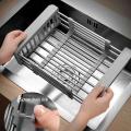 Stainless Steel Adjustable Telescopic Kitchen Insert Storage Organizer over Sink Dish Drying Rack Vegetable Tray Drain-B. 