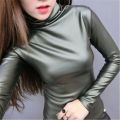 Korean Fashion 2020 Autumn and Winter New Fashion Turtleneck Solid Color PU Leather Long-sleeved Fleece Jacket Slimming Top. 