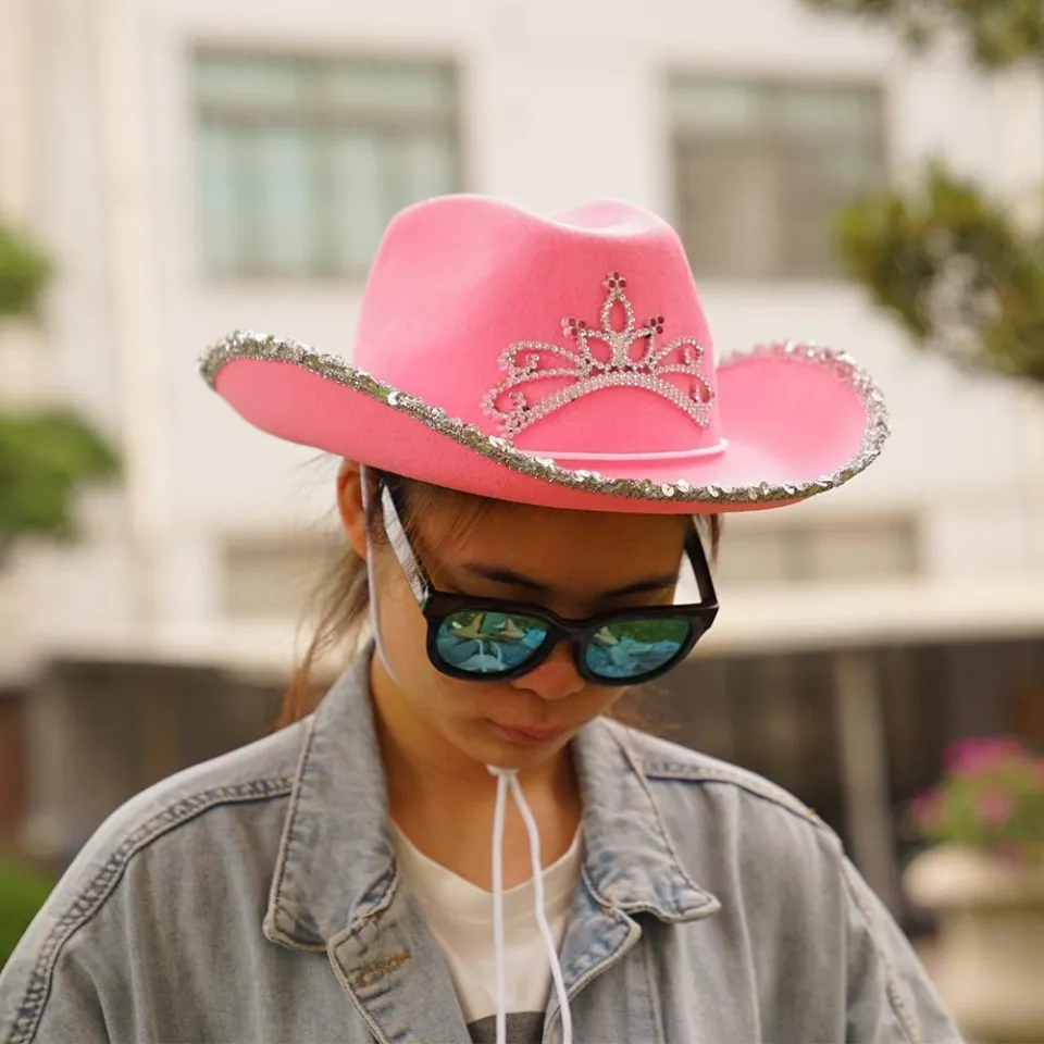 Pink Tiara Western Style Cowgirl Hats For Women Girl Rolled Fedora