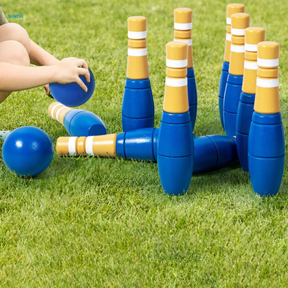 Wood Bowling Set Skittles Toys Educational 10 Wooden Pins Bowling