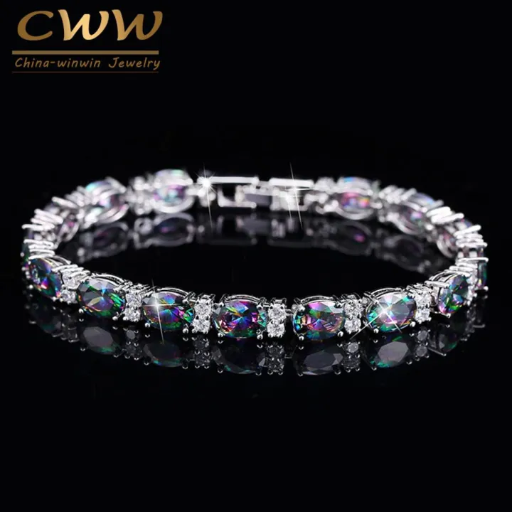 【Beiver Jewelry Store  】CWWZircons Luxury Oval Rainbow Mystic Crystal Women Fancy Bracelet Cubic Zirconia Stones CB149