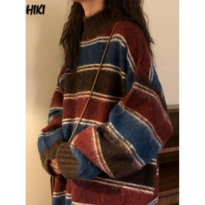 Y2k Aesthetic Sweaters O Neck Harajuku Pullover Womens Japanese Striped Jumpers Knitwear Autumn Grunge Contrast Color Pullovers