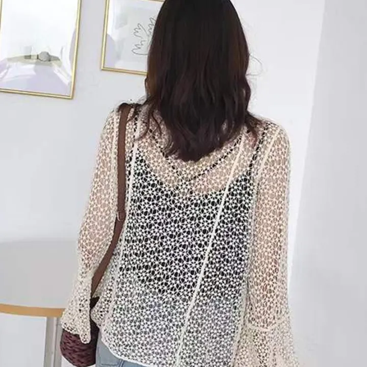 Women%20Flare%20Long%20Sleeve%20Shrug%20Cardigan%20Hollow%20Out%20Crochet%20Knitted%20Open%20Front%20Sheer%20Lace%20Cover%20Up%20Sweater%20Loose%20Outwear%20-%20Image%204