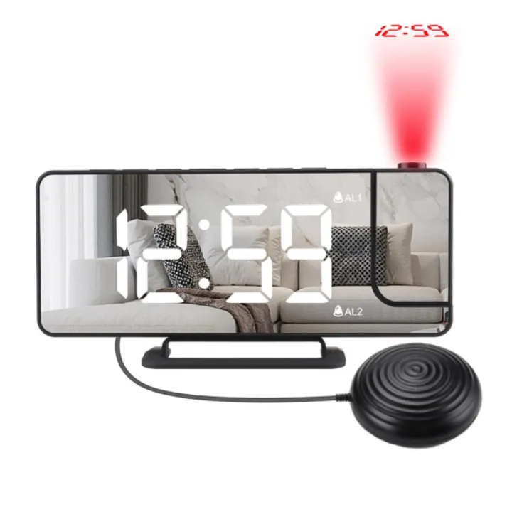 Migeet Projection Vibrating Alarm Clock LED Mirror Digital Clock with 2 Sets of Alarm Clock Snooze Function Bed Shaker USB Output for Heavy Sleepers
