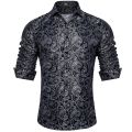 Luxury Silk Shirts for Men Black Silver Paisley Wedding Prom Party Button Down Collar Dress Shirt Blose Men Clothing.