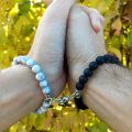 Love  Magnetic Heart Bracelets for Couples (2 Piece) | Small Rubber Band Magnet Stone Bell Bracelet with Knotted Head Rope. 