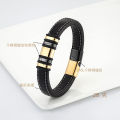 Cross-border European and American casual style simple 316L stainless steel black wide leather rope men's bracelet jewelry. 