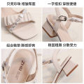 ZHR Women's Chunky Heel Sandals 2024 New Summer Square Head Strap Fairy Style Pearl Strap Women's Mid-Heel Shoes. 