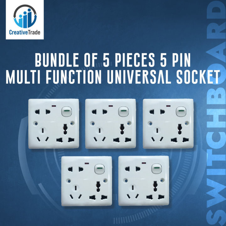 Bundle of 5 Pieces 5 Pin Multi Function Universal Wall Gang Socket - Gang Universal Socket