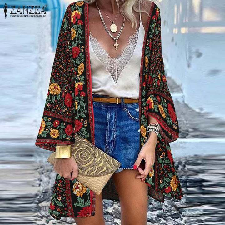 Summer Bohemian Beach Printed Cardigan Women Floral Long Sleeve Blouse ZANZEA Kimono Vintage Open Front Holiday Shirt Tunic Tops House Foocus